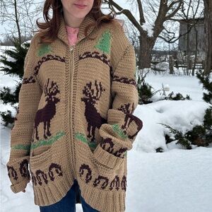 Mary Maxim Brown Zip Sweater Deer & Trees Homeknit